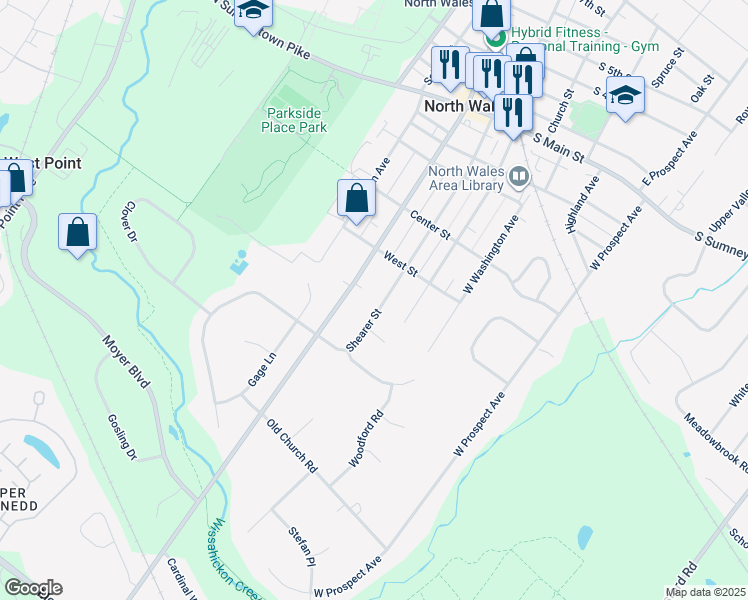 map of restaurants, bars, coffee shops, grocery stores, and more near 540 Shearer Street in North Wales