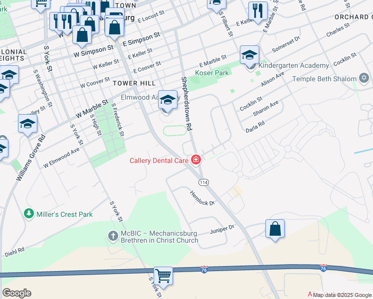map of restaurants, bars, coffee shops, grocery stores, and more near 35 Southpoint Drive in Mechanicsburg