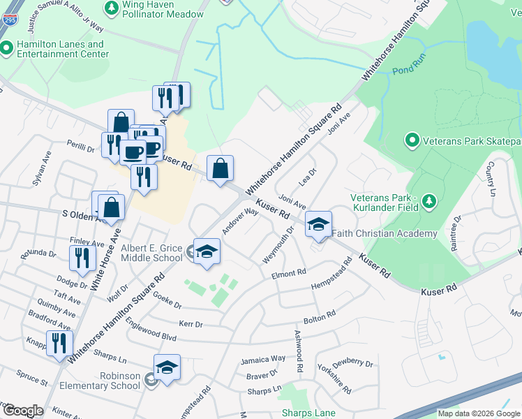 map of restaurants, bars, coffee shops, grocery stores, and more near 55 Andover Way in Hamilton Township
