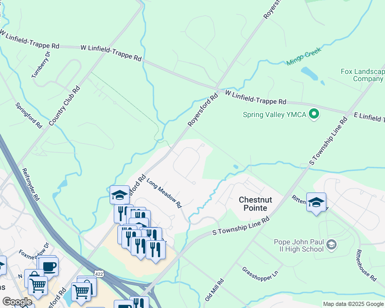 map of restaurants, bars, coffee shops, grocery stores, and more near 134 Connor Drive in Royersford