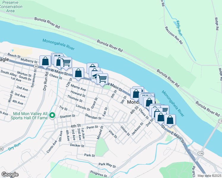 map of restaurants, bars, coffee shops, grocery stores, and more near 615 Chess Street in Monongahela