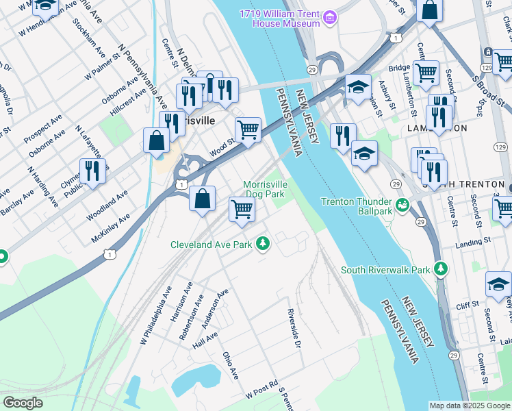 map of restaurants, bars, coffee shops, grocery stores, and more near 115 East Philadelphia Avenue in Morrisville