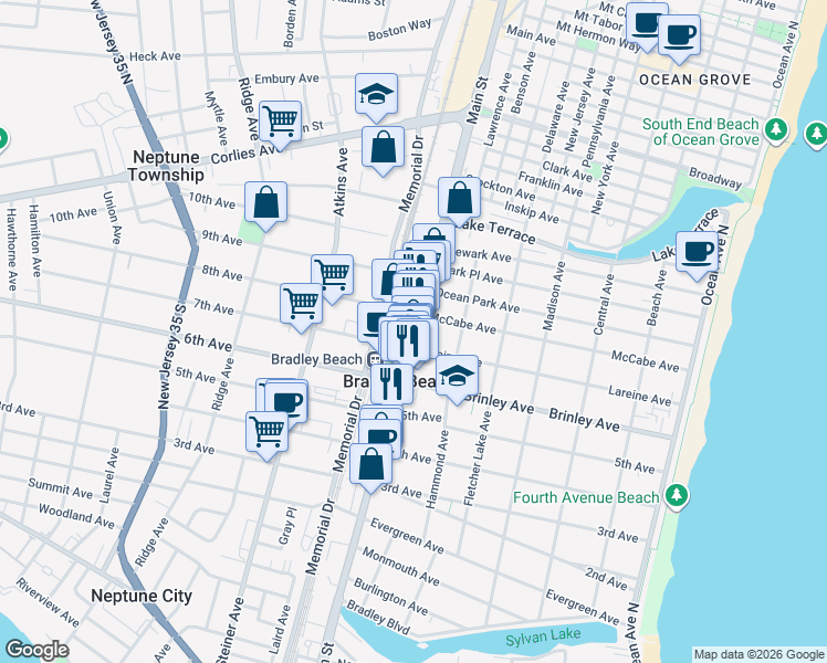 map of restaurants, bars, coffee shops, grocery stores, and more near 798 Highway 71 in Bradley Beach