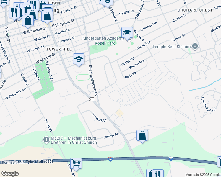 map of restaurants, bars, coffee shops, grocery stores, and more near 501 East Elmwood Avenue in Mechanicsburg