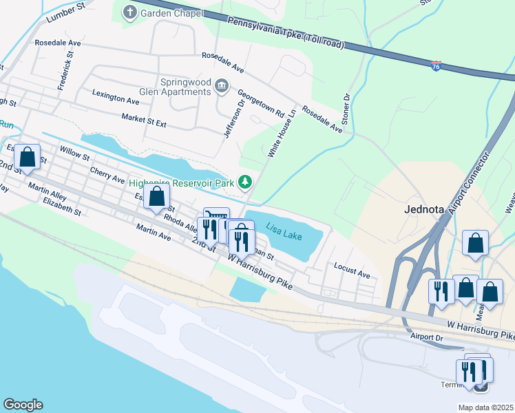 map of restaurants, bars, coffee shops, grocery stores, and more near 101 Lake Drive in Middletown