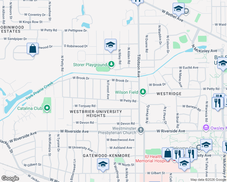 map of restaurants, bars, coffee shops, grocery stores, and more near 1223 N Winthrop Rd in Muncie