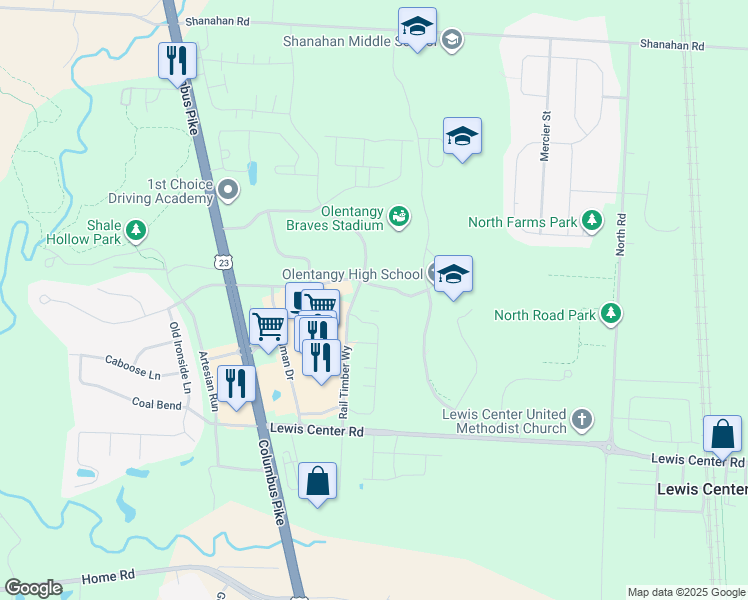 map of restaurants, bars, coffee shops, grocery stores, and more near 6233 Rail Timber Way in Lewis Center