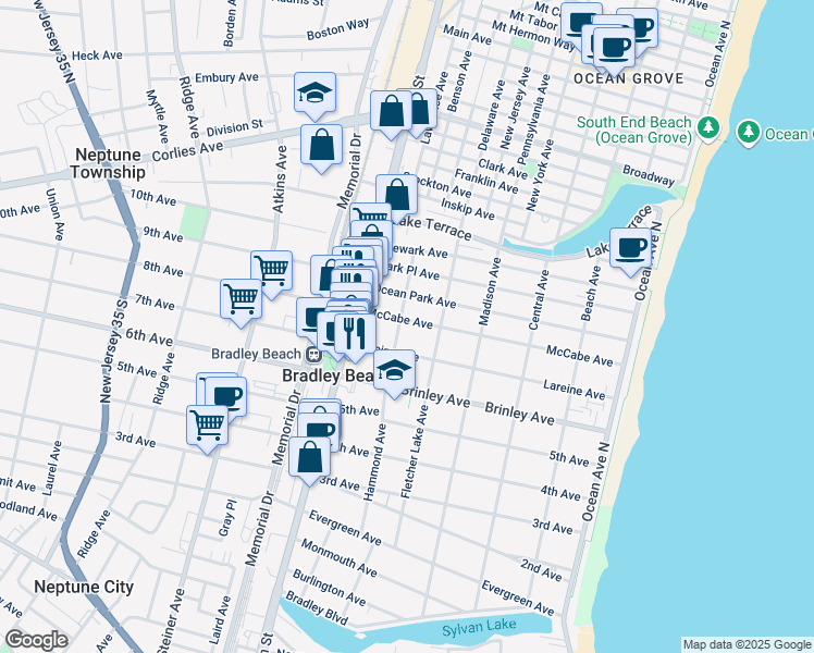 map of restaurants, bars, coffee shops, grocery stores, and more near 513 McCabe Avenue in Bradley Beach