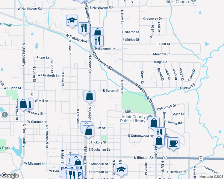 map of restaurants, bars, coffee shops, grocery stores, and more near 409 East Burton Street in Kirksville