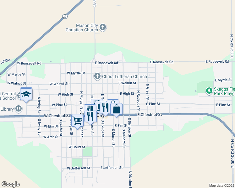 map of restaurants, bars, coffee shops, grocery stores, and more near 345 East High Street in Mason City