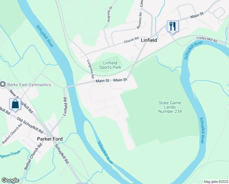 map of restaurants, bars, coffee shops, grocery stores, and more near 24 Sacco Road in Royersford