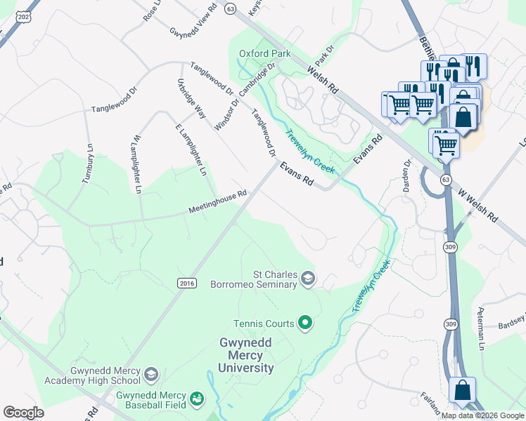 map of restaurants, bars, coffee shops, grocery stores, and more near 1340 East Meetinghouse Road in Gwynedd Valley