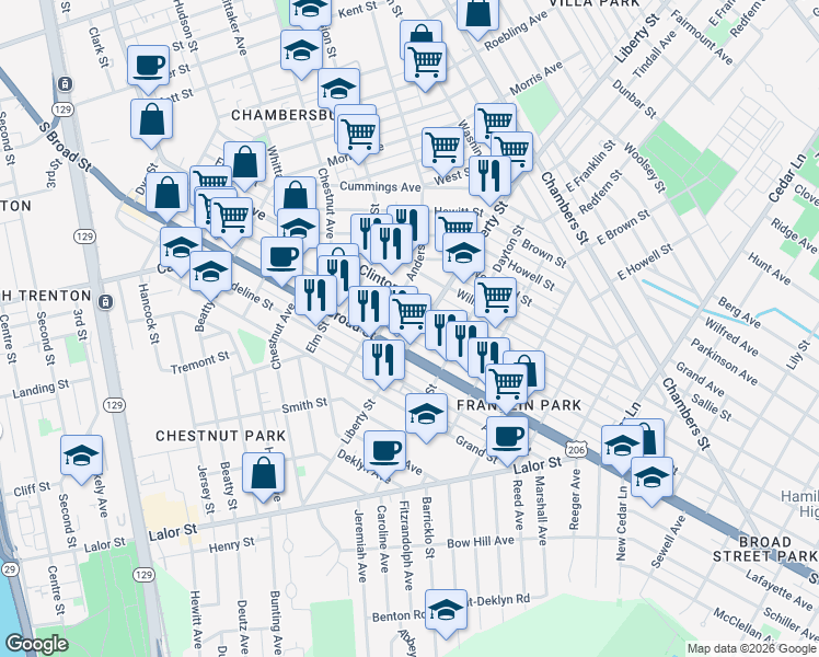 map of restaurants, bars, coffee shops, grocery stores, and more near 327 Liberty Street in Trenton