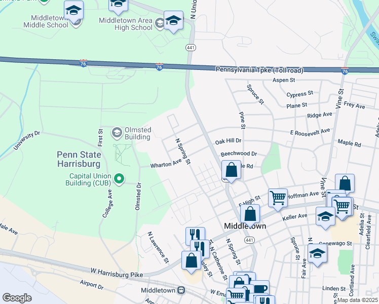 map of restaurants, bars, coffee shops, grocery stores, and more near 46 Wharton Avenue in Middletown