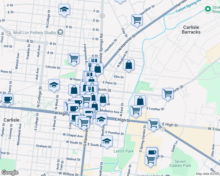 map of restaurants, bars, coffee shops, grocery stores, and more near 123 East North Street in Carlisle