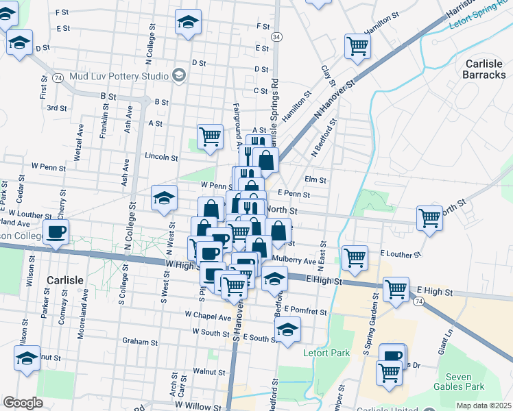 map of restaurants, bars, coffee shops, grocery stores, and more near 163 North Hanover Street in Carlisle