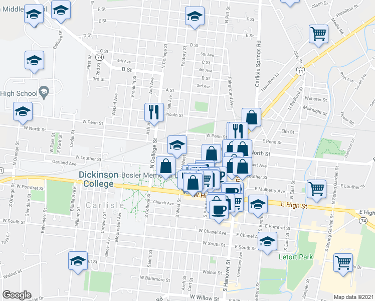 map of restaurants, bars, coffee shops, grocery stores, and more near 145 Frederick Avenue in Carlisle