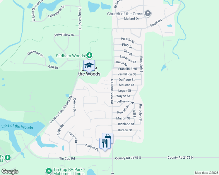 map of restaurants, bars, coffee shops, grocery stores, and more near 333 Logan Street in Mahomet