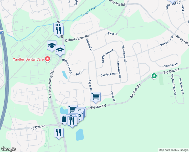 map of restaurants, bars, coffee shops, grocery stores, and more near 263 Emerald Drive in Yardley