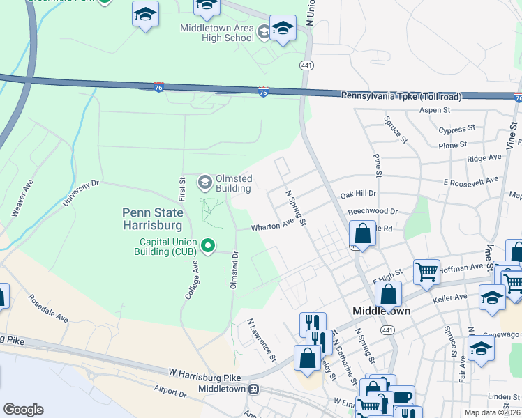 map of restaurants, bars, coffee shops, grocery stores, and more near 901 North Catherine Street in Middletown