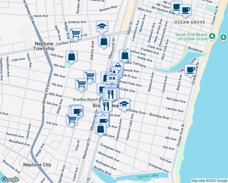 map of restaurants, bars, coffee shops, grocery stores, and more near 708 Main Street in Bradley Beach