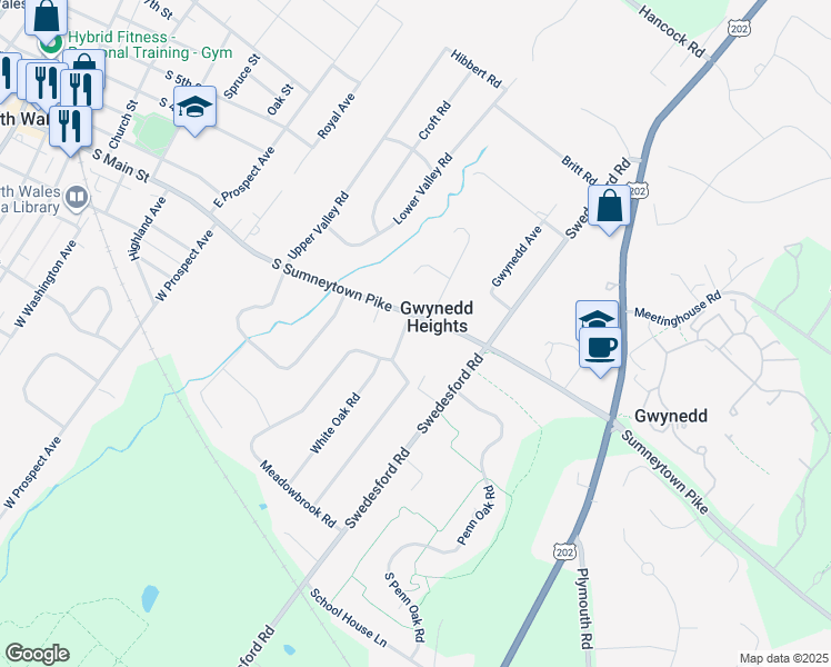 map of restaurants, bars, coffee shops, grocery stores, and more near 201 Oakland Place in North Wales