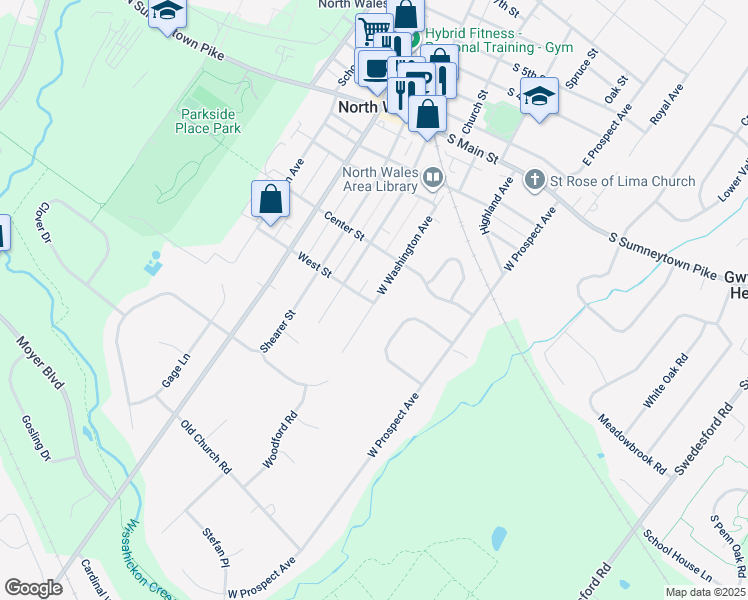map of restaurants, bars, coffee shops, grocery stores, and more near 501 West Washington Avenue in North Wales