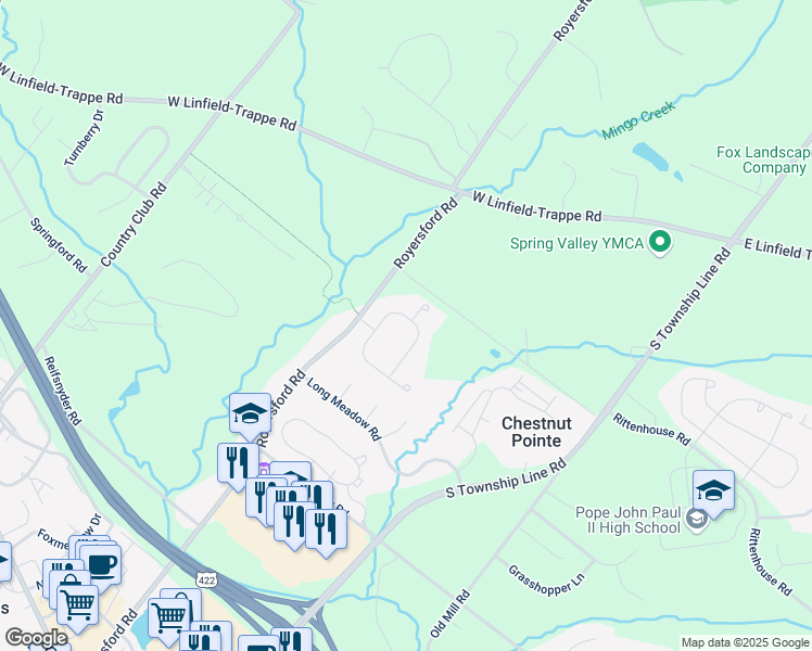 map of restaurants, bars, coffee shops, grocery stores, and more near 134 Connor Drive in Royersford