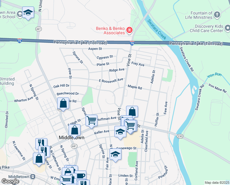 map of restaurants, bars, coffee shops, grocery stores, and more near 325 Oak Hill Drive in Middletown