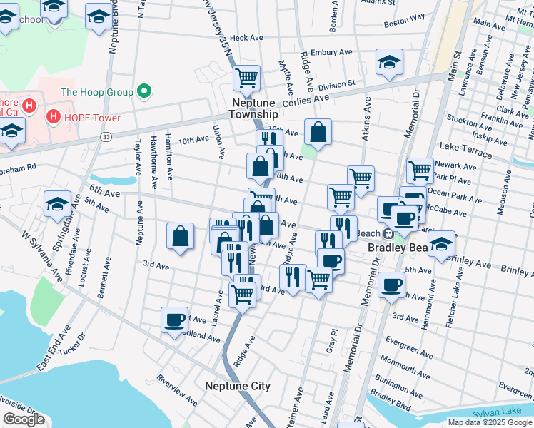 map of restaurants, bars, coffee shops, grocery stores, and more near 1329 6th Avenue in Neptune City