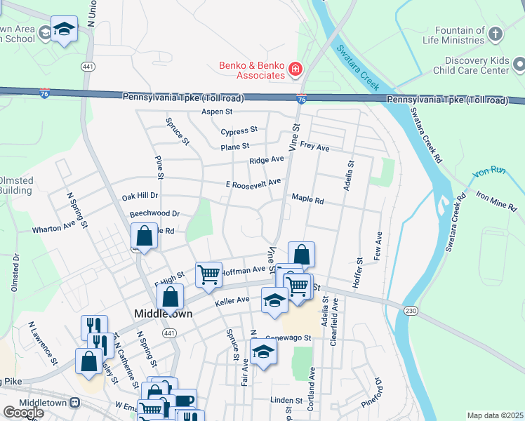 map of restaurants, bars, coffee shops, grocery stores, and more near 325 Oak Hill Drive in Middletown