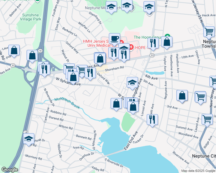 map of restaurants, bars, coffee shops, grocery stores, and more near West Sylvania Avenue & Oxford Way in Neptune