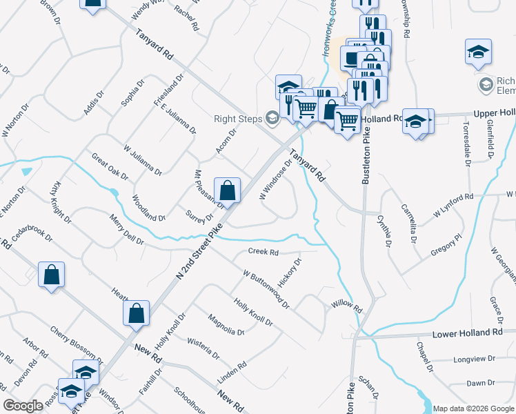 map of restaurants, bars, coffee shops, grocery stores, and more near 62 West Windrose Drive in Richboro
