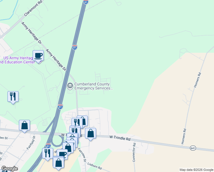 map of restaurants, bars, coffee shops, grocery stores, and more near 175 Army Heritage Drive in Carlisle
