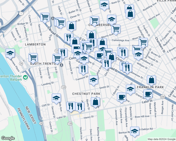 map of restaurants, bars, coffee shops, grocery stores, and more near 216 Home Avenue in Trenton