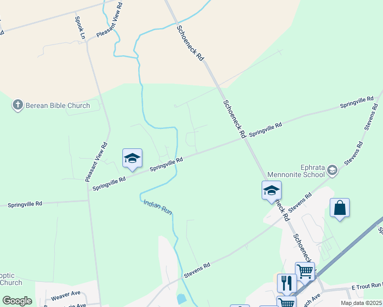 map of restaurants, bars, coffee shops, grocery stores, and more near 545 Springville Road in Ephrata