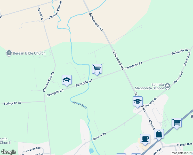 map of restaurants, bars, coffee shops, grocery stores, and more near 545 Springville Road in Ephrata