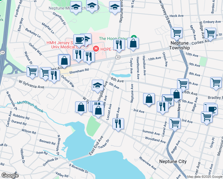 map of restaurants, bars, coffee shops, grocery stores, and more near 180 Summerlan Place in Neptune City