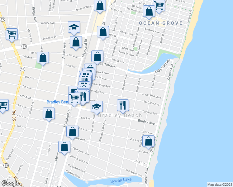 map of restaurants, bars, coffee shops, grocery stores, and more near 408 McCabe Avenue in Bradley Beach