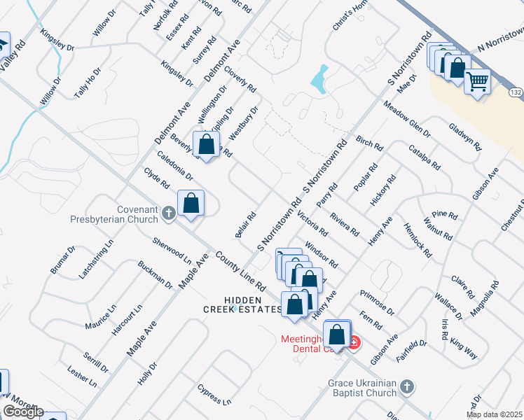 map of restaurants, bars, coffee shops, grocery stores, and more near 115 Belair Road in Warminster
