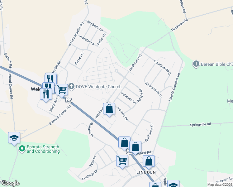 map of restaurants, bars, coffee shops, grocery stores, and more near 10 Patience Lane in Ephrata