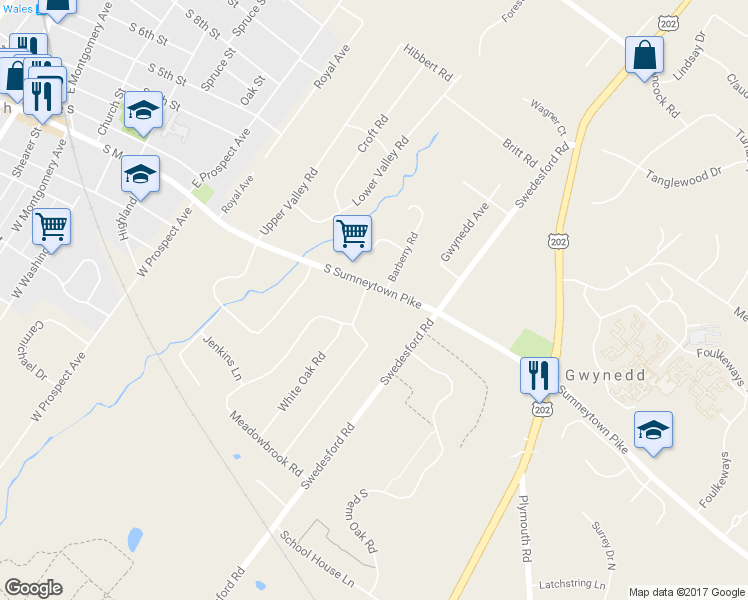 map of restaurants, bars, coffee shops, grocery stores, and more near 201 Oakland Place in North Wales