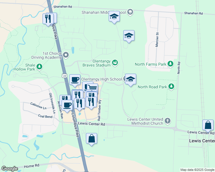 map of restaurants, bars, coffee shops, grocery stores, and more near 6233 Rail Timber Way in Lewis Center