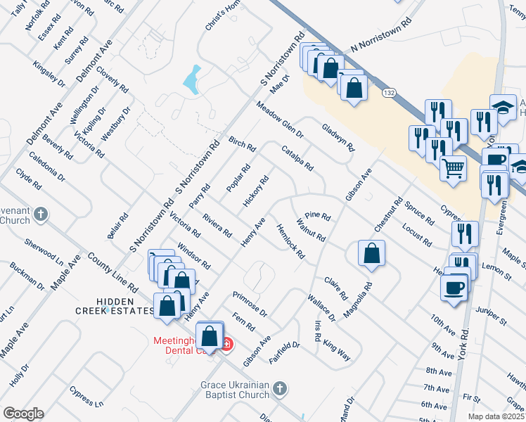 map of restaurants, bars, coffee shops, grocery stores, and more near 266 Henry Avenue in Warminster