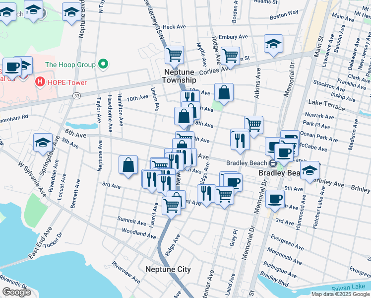 map of restaurants, bars, coffee shops, grocery stores, and more near 1329 6th Avenue in Neptune City