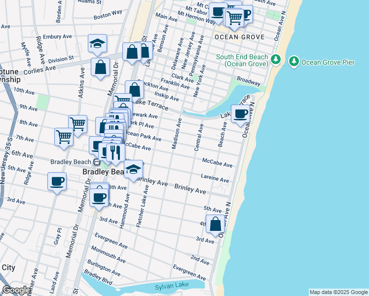 map of restaurants, bars, coffee shops, grocery stores, and more near 314 McCabe Avenue in Bradley Beach