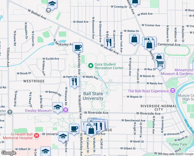 map of restaurants, bars, coffee shops, grocery stores, and more near 1700 West Neely Avenue in Muncie