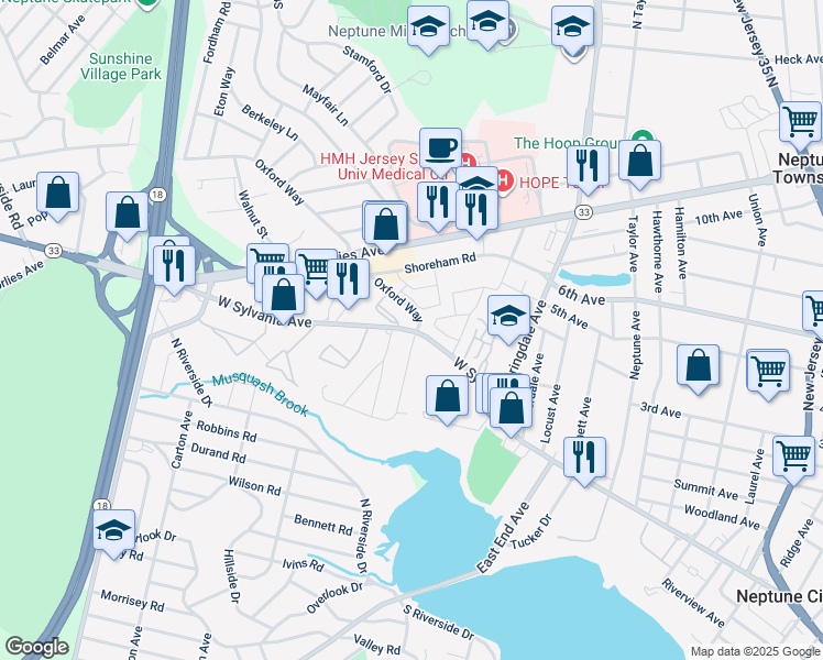 map of restaurants, bars, coffee shops, grocery stores, and more near 250 West Sylvania Avenue in Neptune City