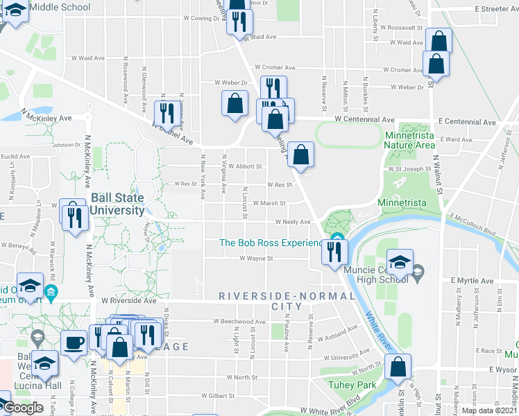 map of restaurants, bars, coffee shops, grocery stores, and more near 1009 West Marsh Street in Muncie