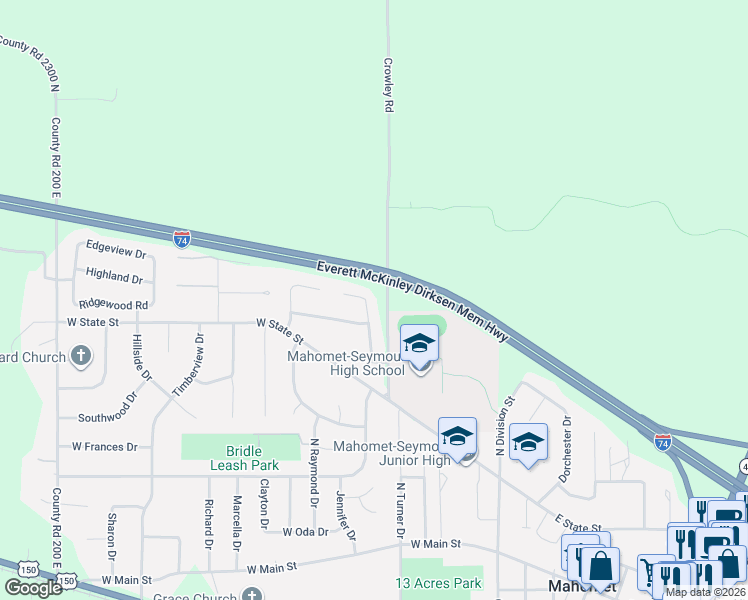 map of restaurants, bars, coffee shops, grocery stores, and more near 806 Cedar Ridge Court in Mahomet